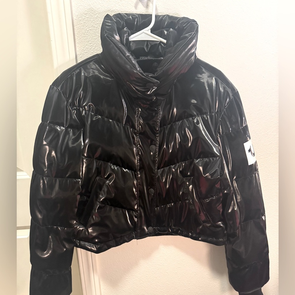 True Religion Shiny Black Cropped Puffer Jacket